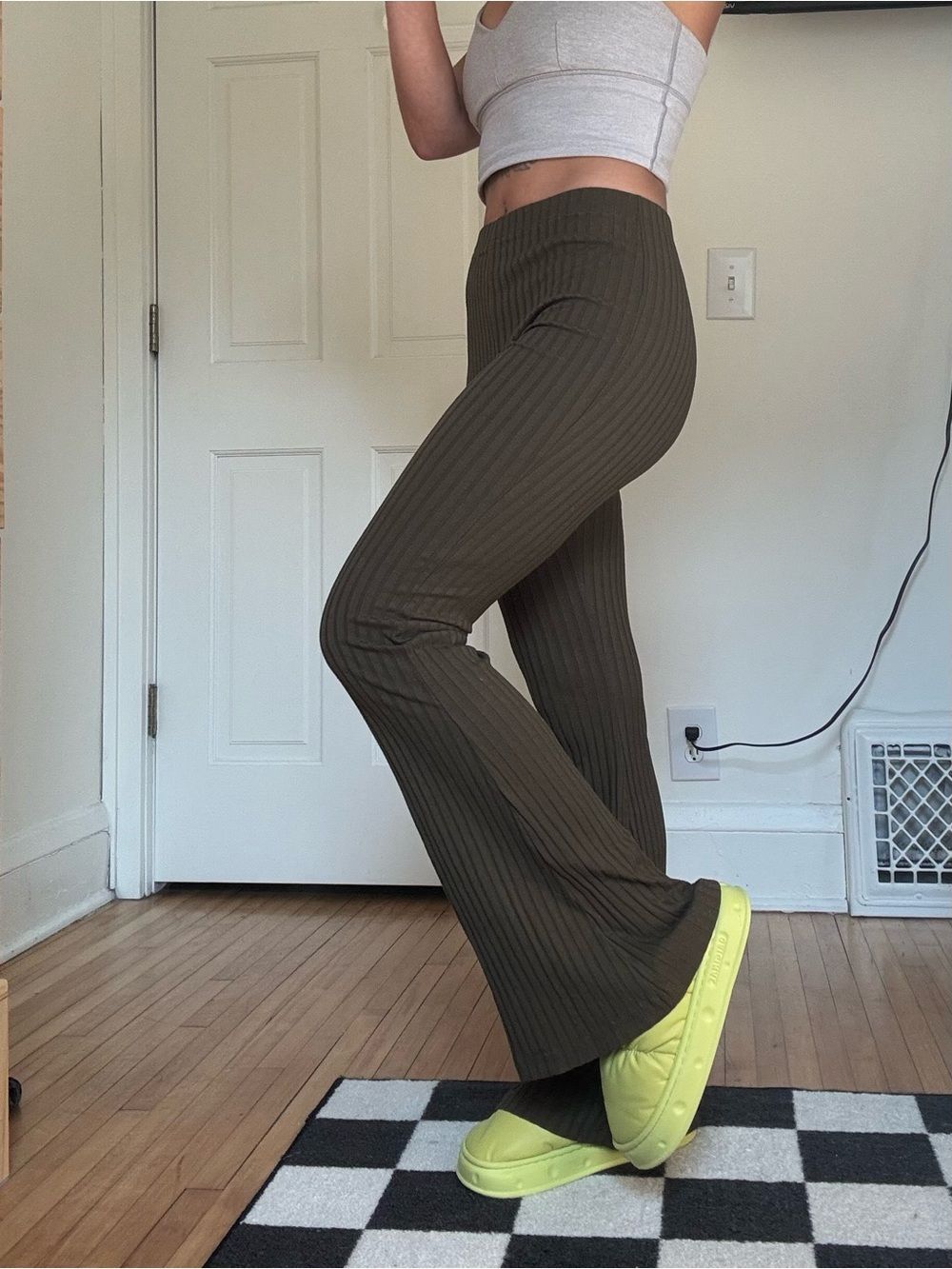 Ribbed High Waisted Flare Olive Lounge Pants